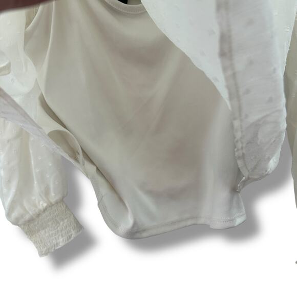 NEW BCX Ivory Blouse Size XS Swiss Dot Ruched Top Boho Office Smocked NWT - Picture 8 of 10